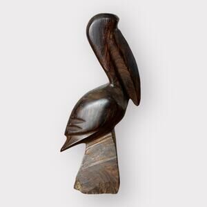 Vintage Hand Carved Hardwood Pelican 6" Figure Statue Bird Retro MCM